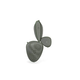 Three overlapping, abstract mesh shapes in a military green finish, with visible concentric circular patterns, are arranged vertically on a white background, resembling stylized leaves or petals. The overall look is minimalist and modern.