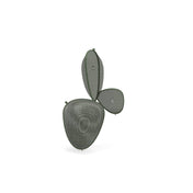 Three overlapping, abstract mesh shapes in a military green finish, with visible concentric circular patterns, are arranged vertically on a white background, resembling stylized leaves or petals. The overall look is minimalist and modern.