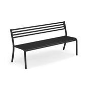 A modern steel bench with a slatted backrest and seat, supported by four straight legs. The simple, minimalist design of this outdoor bench suits both indoor and outdoor settings, casting a faint shadow on a white background.