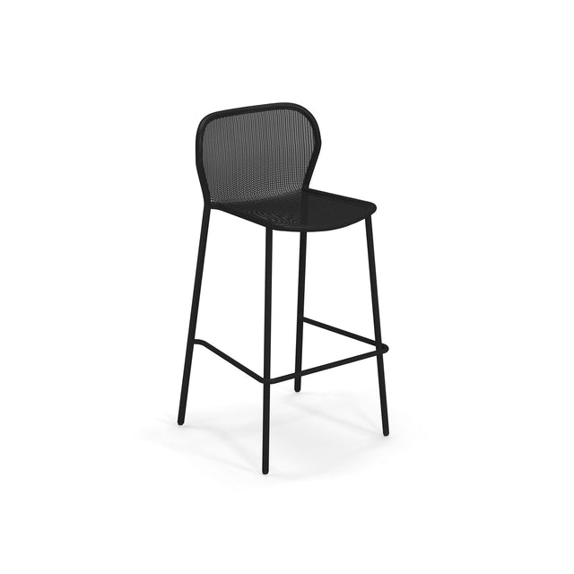 A modern black steel mesh barstool with a minimalist design, slim legs, and a curved mesh backrest. The Darwin Stacking Barstool is shown on a white background, perfect as an outdoor barstool for contemporary spaces.