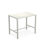 The Nova Bar Table features a minimalist design with a solid steel frame, flat top, and horizontal support bars. Perfect for outdoor/indoor use, it stands against a plain white background in timeless simplicity.