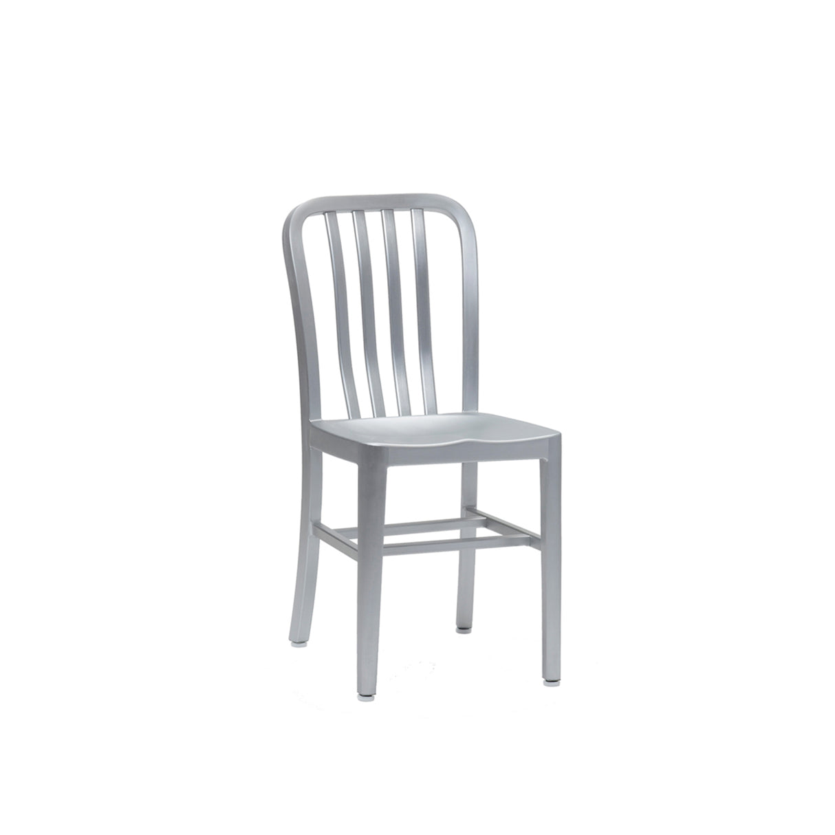 A silver metal Anna Side Chair with a minimalist design, featuring a slightly curved backrest with vertical slats and a flat rectangular seat. Crafted from brushed aluminum, this indoor outdoor chair has a sleek, industrial look against a plain white background.