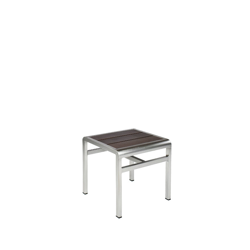 The Sid Stool features a metallic silver aluminum frame and a dark brown slatted seat. With four straight legs and a support bar, its modern, minimalist design suits both indoor/outdoor spaces. The background is plain white.