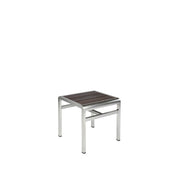 The Sid Stool features a metallic silver aluminum frame and a dark brown slatted seat. With four straight legs and a support bar, its modern, minimalist design suits both indoor/outdoor spaces. The background is plain white.