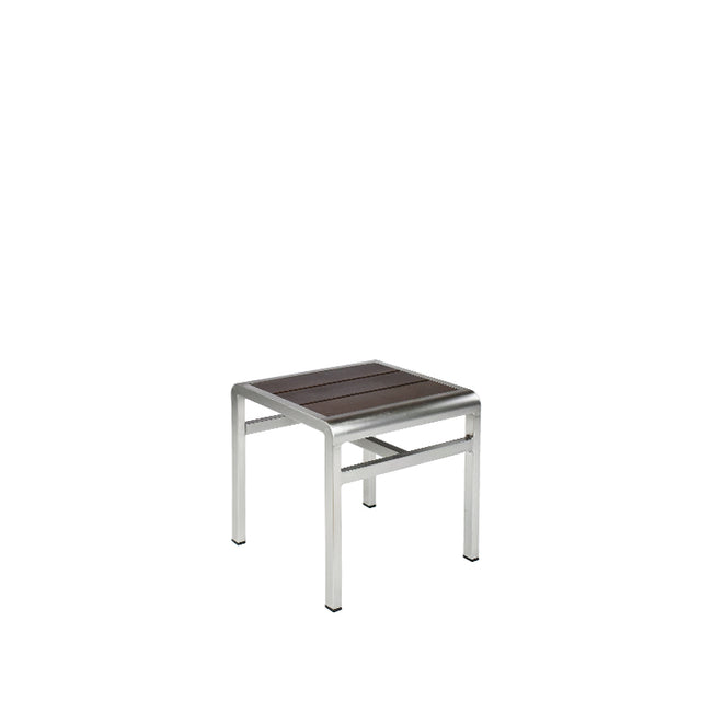 The Sid Stool features a metallic silver aluminum frame and a dark brown slatted seat. With four straight legs and a support bar, its modern, minimalist design suits both indoor/outdoor spaces. The background is plain white.