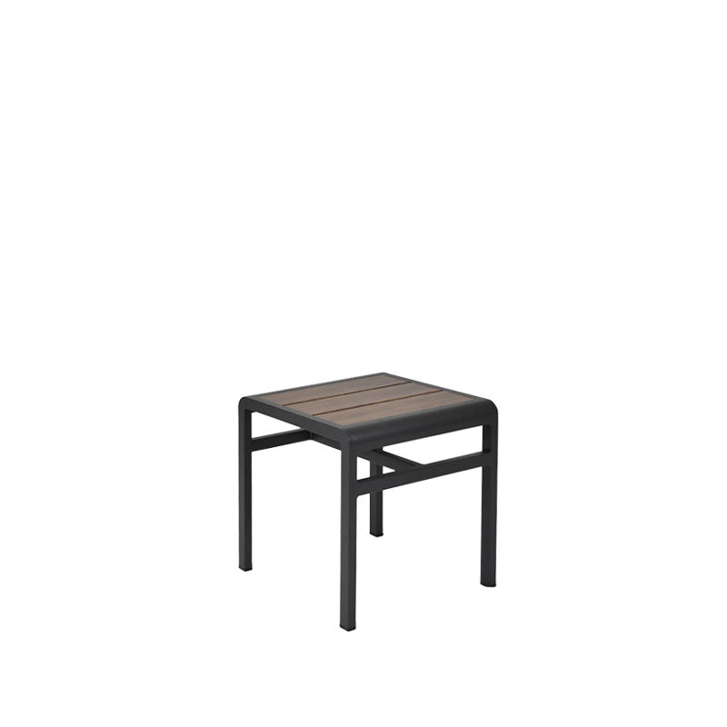 A small square indoor/outdoor side table with a black metal frame and a slatted wood-look aluminum top. The table features straight legs and a simple, modern design, shown against a plain white background.