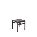 A small square indoor/outdoor side table with a black metal frame and a slatted wood-look aluminum top. The table features straight legs and a simple, modern design, shown against a plain white background.
