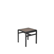 A small square indoor/outdoor side table with a black metal frame and a slatted wood-look aluminum top. The table features straight legs and a simple, modern design, shown against a plain white background.