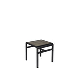 A small, square indoor/outdoor side table with a dark metal frame and a slatted wood-look aluminum brown tabletop. The simple, modern design stands alone against a plain white background.
