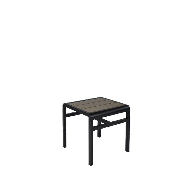 A small, square indoor/outdoor side table with a dark metal frame and a slatted wood-look aluminum brown tabletop. The simple, modern design stands alone against a plain white background.