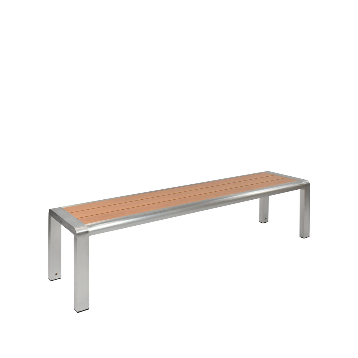 The Sid Bench is a minimalist aluminum bench featuring a silver metal frame and light wood slats. With no backrest or armrests, this outdoor bench showcases clean lines and sits elegantly against a white background.