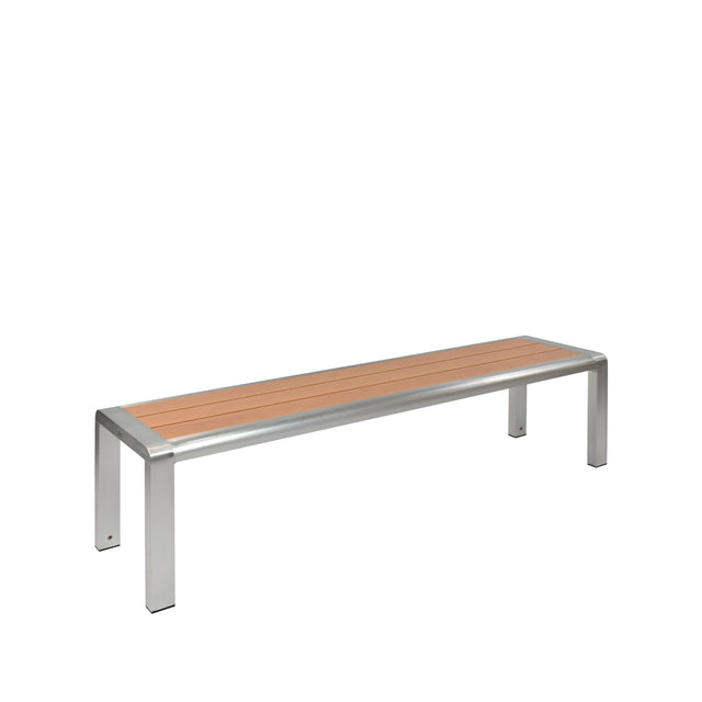 The Sid Bench is a minimalist aluminum bench featuring a silver metal frame and light wood slats. With no backrest or armrests, this outdoor bench showcases clean lines and sits elegantly against a white background.