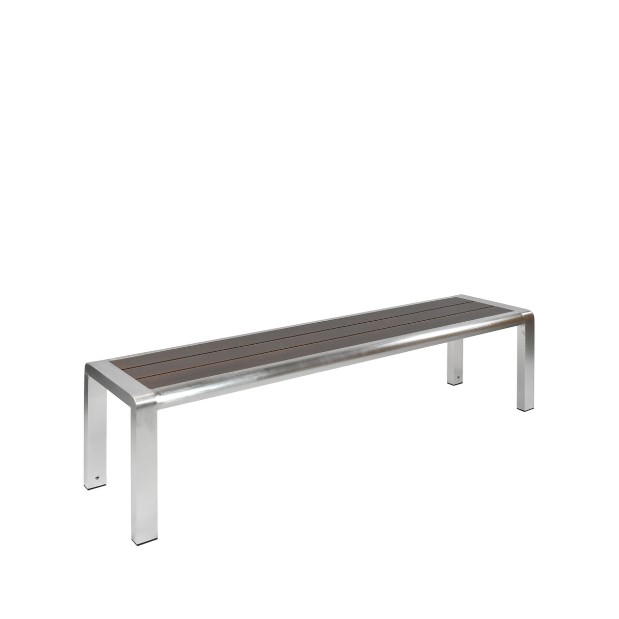 A modern aluminum bench with a metal frame and legs, featuring three dark wooden planks as the seat. The minimalist, rectangular design has clean lines and no backrest or armrests, perfect as an outdoor bench against a plain white background.