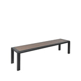 A minimalist, backless outdoor bench with a black metal frame and wooden slats for seating, set against a plain white background. This modern aluminum bench features a rectangular design with straight legs extending at each end.