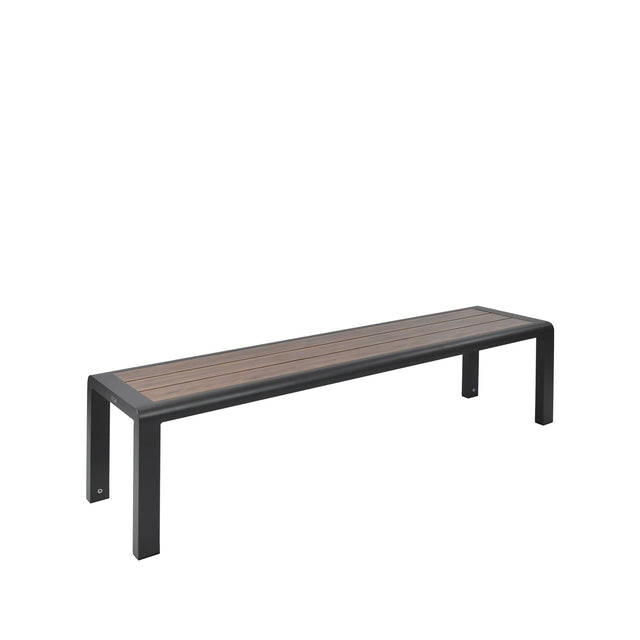 A minimalist, backless outdoor bench with a black metal frame and wooden slats for seating, set against a plain white background. This modern aluminum bench features a rectangular design with straight legs extending at each end.