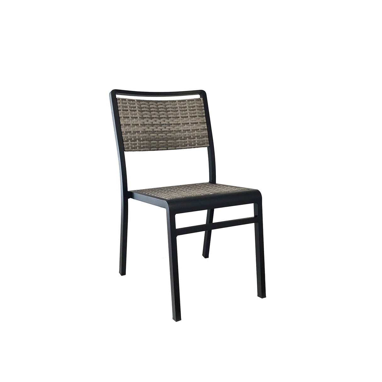 A modern indoor/outdoor chair with a black aluminum frame, featuring a rectangular backrest and seat covered in textured, woven rattan shades of brown. This armless all-weather wicker chair stands against a plain white background.