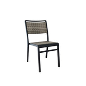 A modern indoor/outdoor chair with a black aluminum frame, featuring a rectangular backrest and seat covered in textured, woven rattan shades of brown. This armless all-weather wicker chair stands against a plain white background.