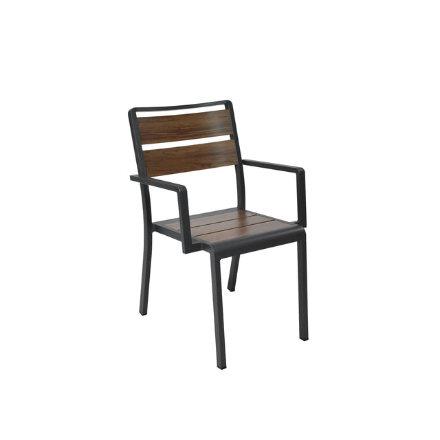 A modern Sid Stacking Arm Chair with a black metal frame and straight armrests. The seat and backrest feature wood-look aluminum slats in a dark brown finish, creating a sleek, minimalist indoor/outdoor chair set against a plain white background.