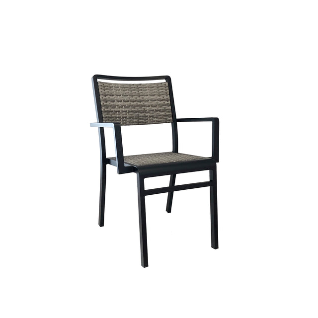 The Sid Stacking Armchair features a sleek black aluminum frame and four straight legs. Its seat and backrest are crafted from all-weather wicker in gray and taupe, adding a textured, checkered look against a plain white background.