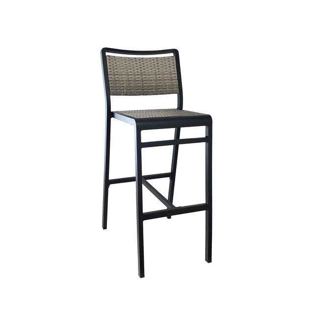 The Sid Barstool features a black aluminum frame and all-weather wicker seat and backrest. Its modern, minimalist design includes straight legs with a footrest and an open area beneath the seat, set against a plain white background.