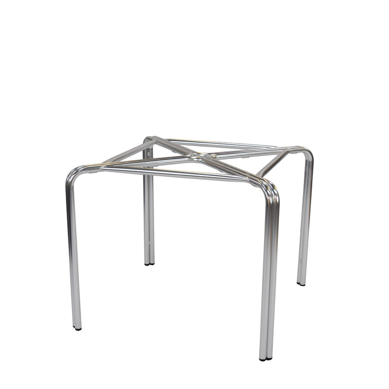 A simple, metallic Zeus Table Base with four straight legs and a frame made of chrome-plated metal tubing, featuring crossbars for support. This dining height stand has an open design with no top, sides, or bottom panels, placed against a white background.