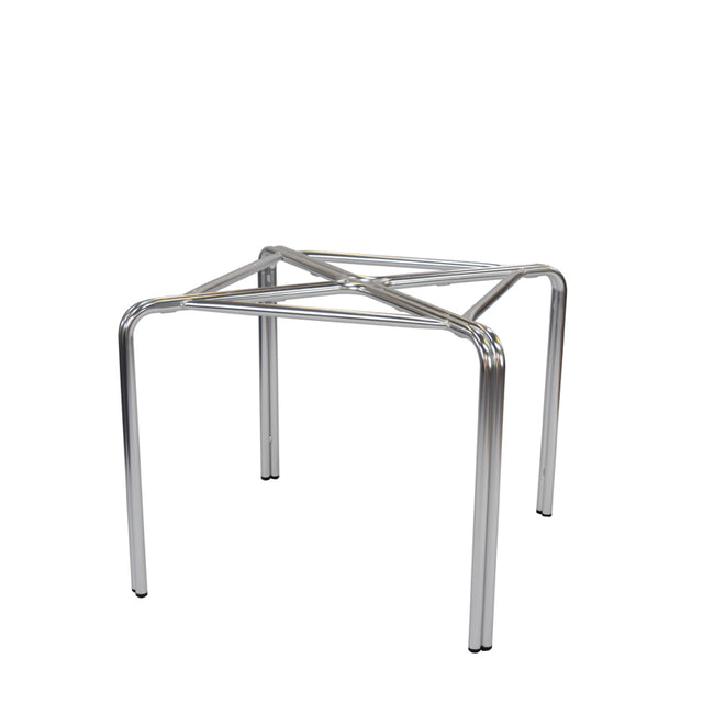A simple, metallic Zeus Table Base with four straight legs and a frame made of chrome-plated metal tubing, featuring crossbars for support. This dining height stand has an open design with no top, sides, or bottom panels, placed against a white background.