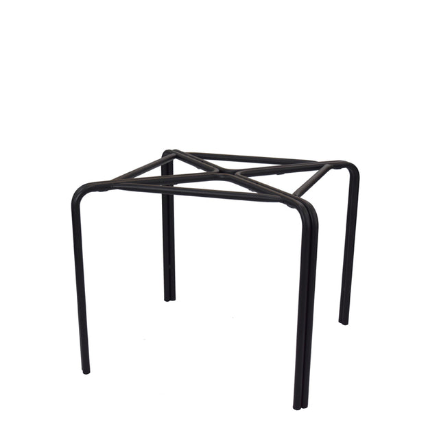 A minimalist, black Zeus Table Base with four straight legs and a crisscross support structure at dining height, photographed against a plain white background. There is no seat attached to the cast aluminum frame.