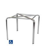 A metal chair frame with four straight legs and a crisscross support structure on top, made of shiny chrome tubing. Resembling a Zeus Table Base, it is ADA compliant, with a blue wheelchair accessibility symbol in the lower left corner.