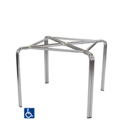 A metal chair frame with four straight legs and a crisscross support structure on top, made of shiny chrome tubing. Resembling a Zeus Table Base, it is ADA compliant, with a blue wheelchair accessibility symbol in the lower left corner.