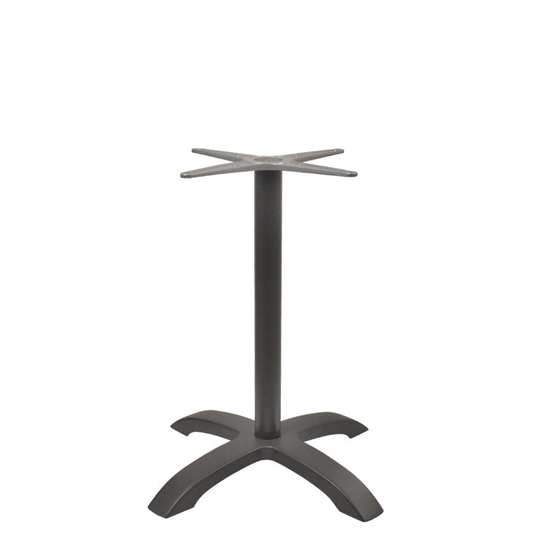 The Zak Table Base features a modern, functional black cast aluminum frame at dining height, with a central cylindrical support, four outward-curving legs for stability, and a four-pronged mounting plate for easy tabletop attachment. Suitable for home or commercial use.