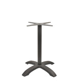 The Zak Table Base features a modern, functional black cast aluminum frame at dining height, with a central cylindrical support, four outward-curving legs for stability, and a four-pronged mounting plate for easy tabletop attachment. Suitable for home or commercial use.