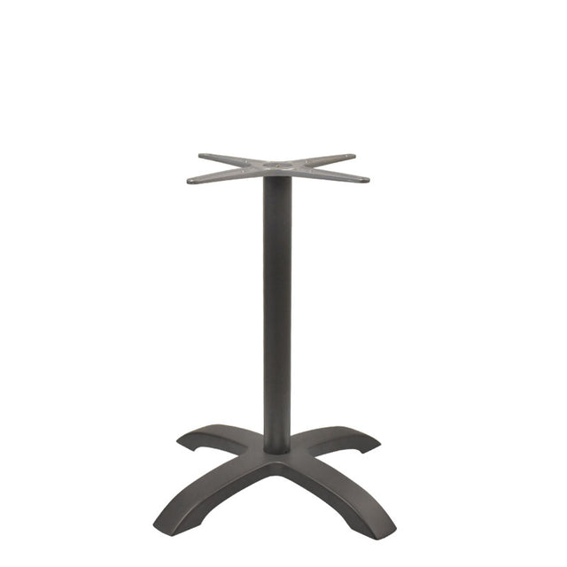 The Zak Table Base features a modern, functional black cast aluminum frame at dining height, with a central cylindrical support, four outward-curving legs for stability, and a four-pronged mounting plate for easy tabletop attachment. Suitable for home or commercial use.