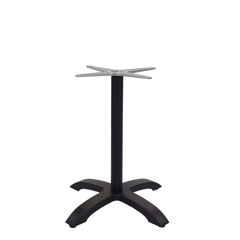 The Zak Table Base is a black, four-legged cast aluminum design with a square mounting plate for attaching a tabletop. Its legs curve outward for stability, making it an ideal dining height base, shown here on a plain white background.