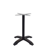 The Zak Table Base is a black, four-legged cast aluminum design with a square mounting plate for attaching a tabletop. Its legs curve outward for stability, making it an ideal dining height base, shown here on a plain white background.