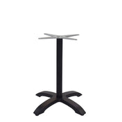 The Zak Table Base is a black, four-legged cast aluminum design with a square mounting plate for attaching a tabletop. Its legs curve outward for stability, making it an ideal dining height base, shown here on a plain white background.
