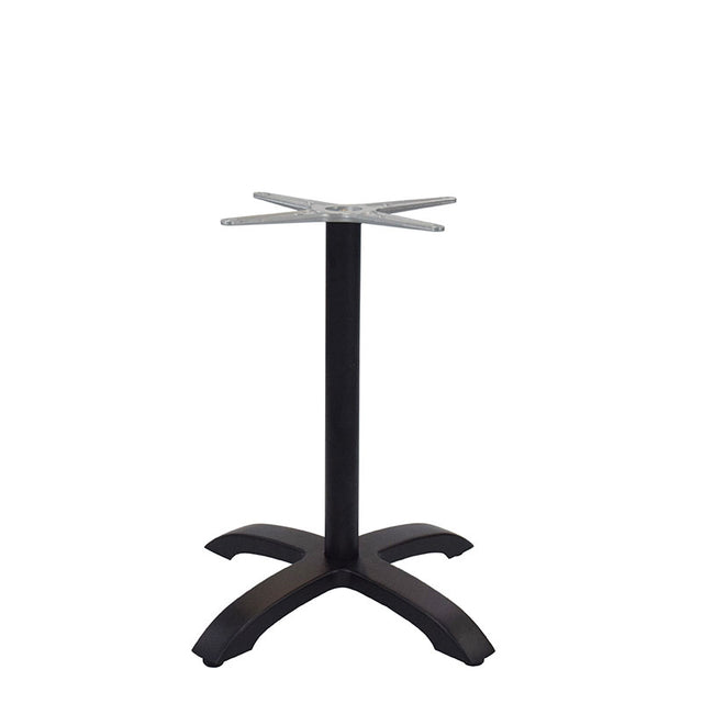 The Zak Table Base is a black, four-legged cast aluminum design with a square mounting plate for attaching a tabletop. Its legs curve outward for stability, making it an ideal dining height base, shown here on a plain white background.