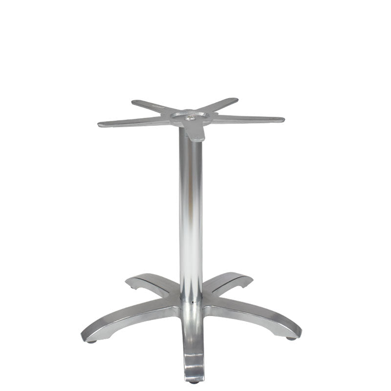 The Zak Table Base features a cast aluminum central support and four curved legs for stability. Its smooth, brushed finish delivers a modern, industrial look, perfect for outdoor/indoor use. Four projecting arms at the top allow easy tabletop attachment.