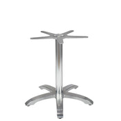 The Zak Table Base features a cast aluminum central support and four curved legs for stability. Its smooth, brushed finish delivers a modern, industrial look, perfect for outdoor/indoor use. Four projecting arms at the top allow easy tabletop attachment.