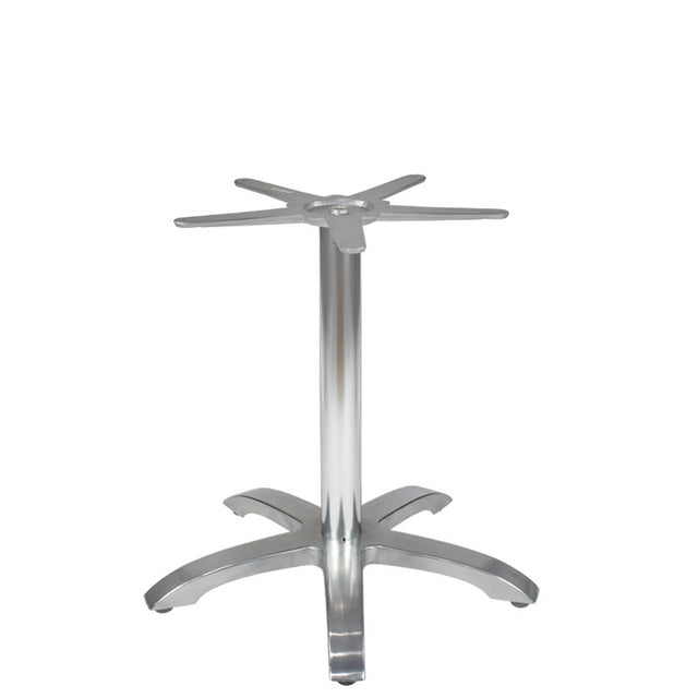 The Zak Table Base features a cast aluminum central support and four curved legs for stability. Its smooth, brushed finish delivers a modern, industrial look, perfect for outdoor/indoor use. Four projecting arms at the top allow easy tabletop attachment.