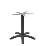 The Zak Table Base features a dining height, black metal frame with a central cylindrical column, four flat feet for stability, and a cross-shaped top plate. Simple and modern, it's crafted from cast aluminum to support your tabletop securely.