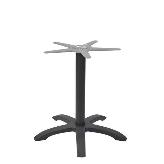 The Zak Table Base features a dining height, black metal frame with a central cylindrical column, four flat feet for stability, and a cross-shaped top plate. Simple and modern, it's crafted from cast aluminum to support your tabletop securely.