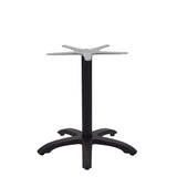 The Zak Table Base features a black cast aluminum central cylindrical column with four splayed legs and a cross-shaped mounting bracket, ideal for dining height applications. The base sits on a white background.
