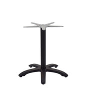 The Zak Table Base features a black cast aluminum central cylindrical column with four splayed legs and a cross-shaped mounting bracket, ideal for dining height applications. The base sits on a white background.