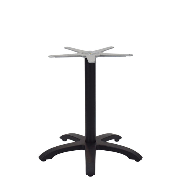 The Zak Table Base features a black cast aluminum central cylindrical column with four splayed legs and a cross-shaped mounting bracket, ideal for dining height applications. The base sits on a white background.