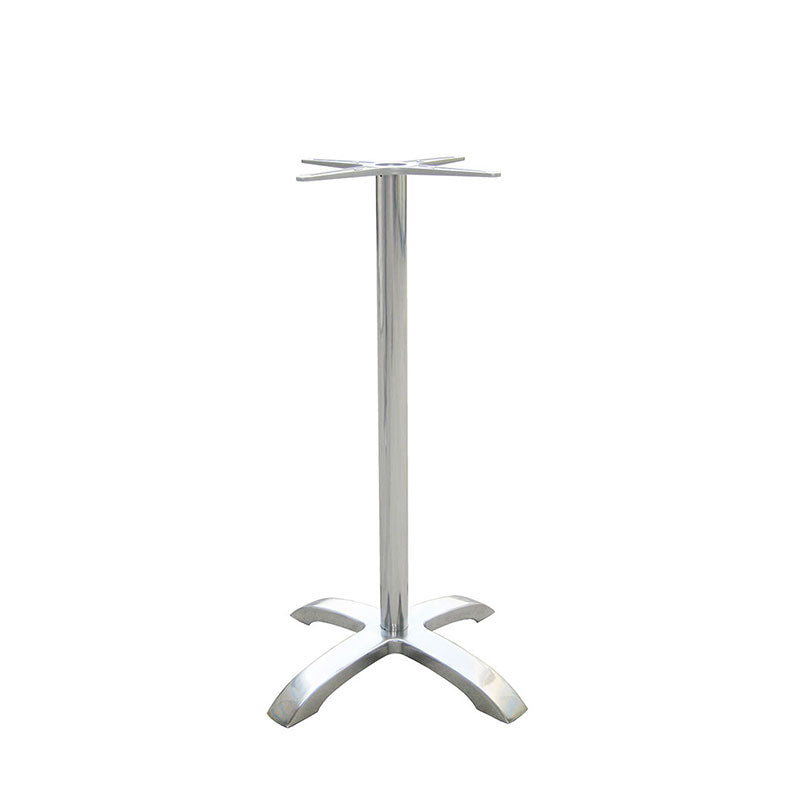 The Zak Table Base features a bar height, silver cast aluminum build with a tall cylindrical center pole, an X-shaped support for attaching a tabletop, and four curved legs for stability, shown on a white background.