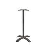 The Zak Table Base features a bar height design with a cylindrical central pole and a four-legged, arched cast aluminum base for stability. Its smooth, dark-colored surface and simple, functional style make it an ideal choice for modern settings.