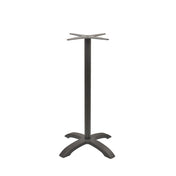 The Zak Table Base features a bar height design with a cylindrical central pole and a four-legged, arched cast aluminum base for stability. Its smooth, dark-colored surface and simple, functional style make it an ideal choice for modern settings.