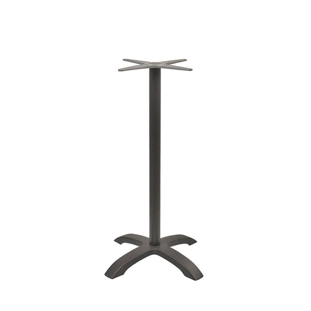 The Zak Table Base features a bar height design with a cylindrical central pole and a four-legged, arched cast aluminum base for stability. Its smooth, dark-colored surface and simple, functional style make it an ideal choice for modern settings.