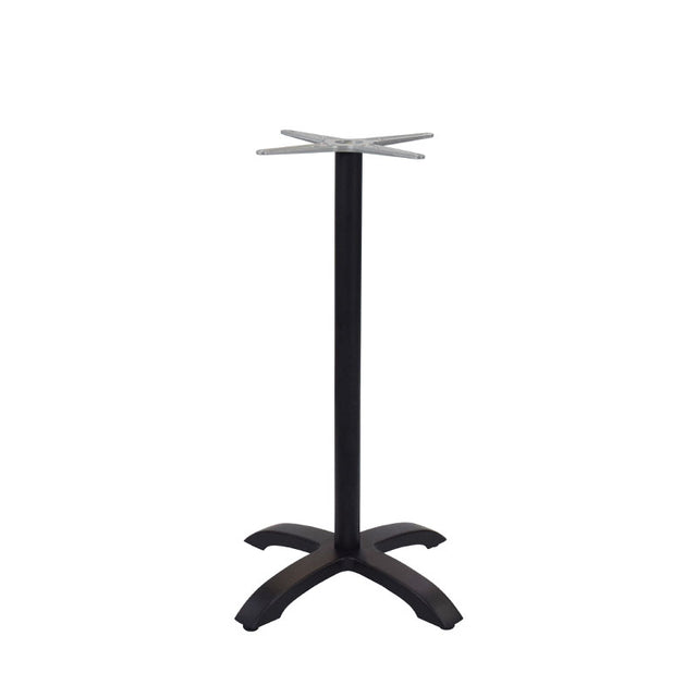 The Zak Table Base features a sturdy, black cast aluminum central column with four curved legs. Its cross-shaped top plate is perfect for attaching a tabletop, making it ideal as a bar height table base for small to medium-sized tables.