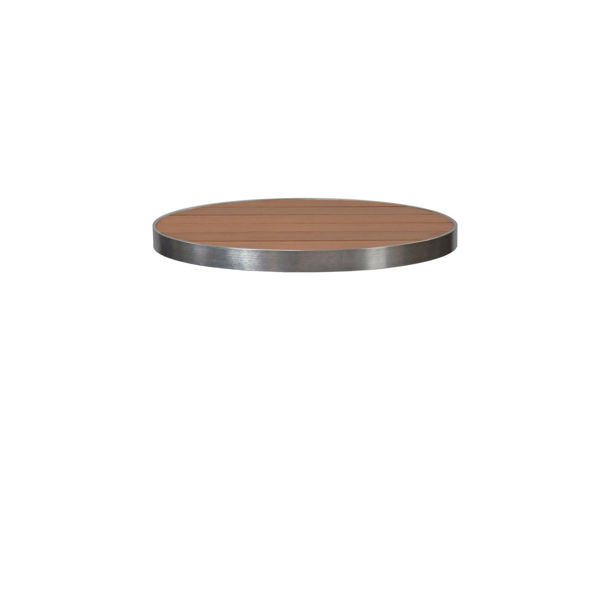 A 30 inch round, wood-look aluminum tabletop with a smooth brown finish and a metallic silver edge is shown against a plain white background. The outdoor table top appears to be floating, with no legs or supporting structures visible.